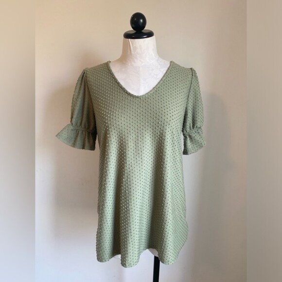Moss Green Swiss Dot Blouse By "Reb In J" V-Neck Ruffle Sleeve Womens Top Size L - Picture 2 of 5